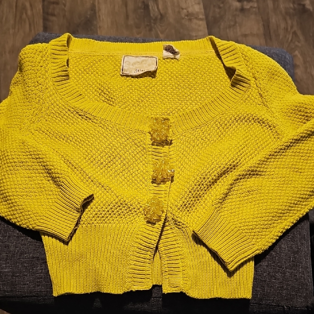 Guinevere Cardigan Sweater Yellow Women's Flower Buttons Size Xsmall Cotton 3/4
